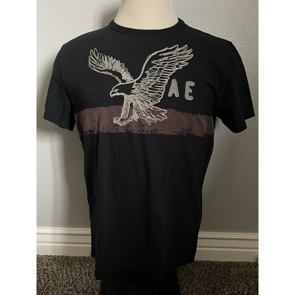 Vintage American Eagle Shirt Men's Size Large Short Sleeve Black Embroidered Y2K